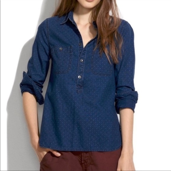 Madewell Indigo Pin Dot Chambray Popover Women Shirt Size Small - Picture 1 of 10